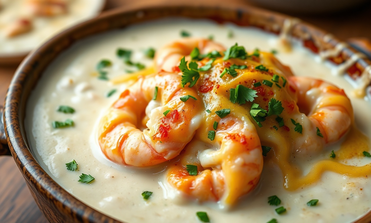 Camarões rosados e macios envoltos em um molho branco aveludado, cobertos com queijo muçarela dourado e gratinado, finalizados com salsinha fresca picada.