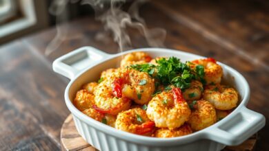 Camarões cobertos por uma camada dourada e crocante de farofa de pão, finalizados com salsinha fresca.