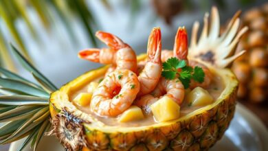 Camarões rosados e firmes em um molho cremoso de leite de coco, servidos dentro de uma canoa de abacaxi fresco e finalizados com cheiro-verde picado.