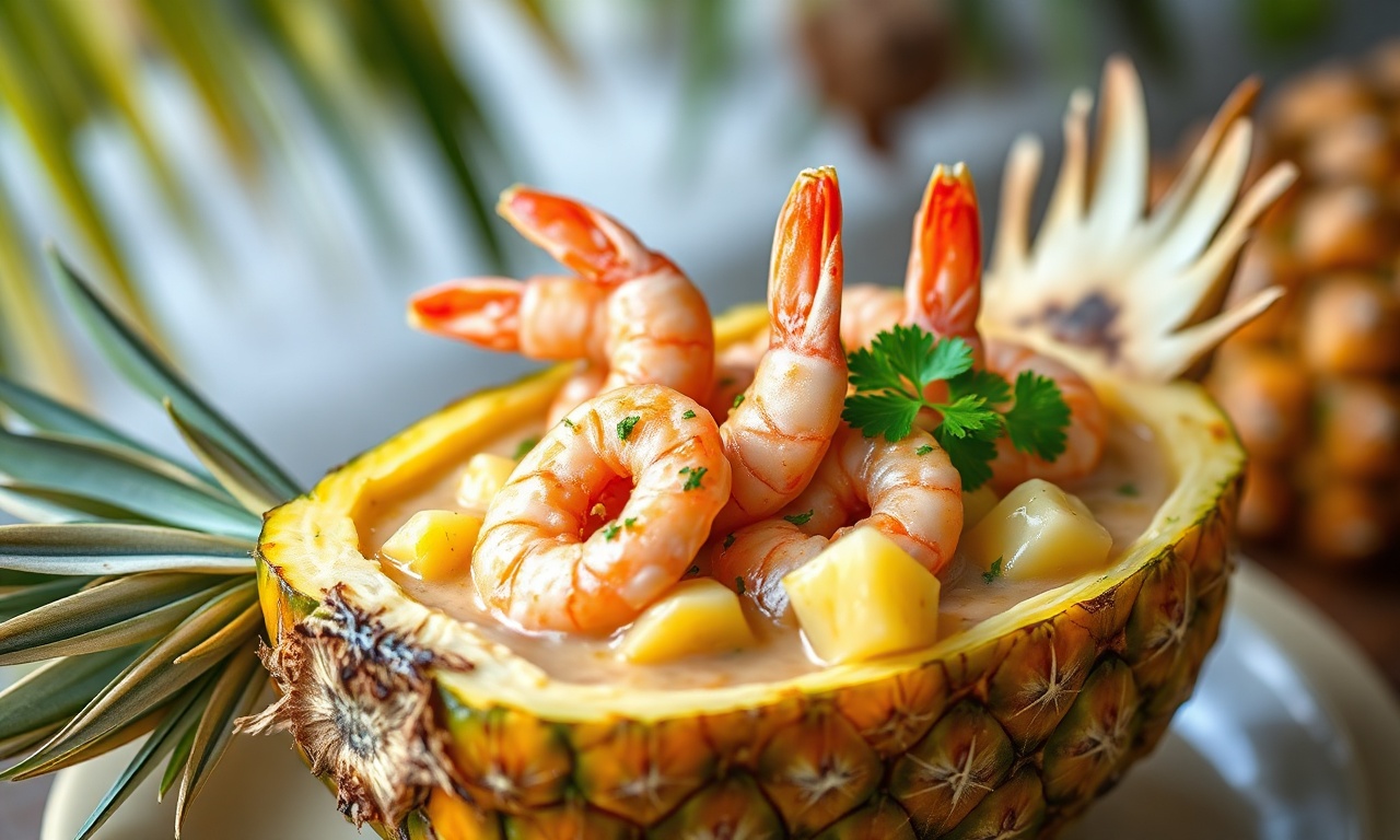 Camarões rosados e firmes em um molho cremoso de leite de coco, servidos dentro de uma canoa de abacaxi fresco e finalizados com cheiro-verde picado.