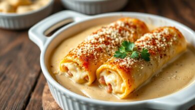 Refratário com canelones de presunto e queijo cobertos por molho branco cremoso e parmesão dourado, servido à mesa.