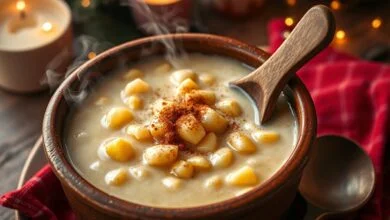 Tigela fumegante de canjica cremosa com grãos macios, caldo encorpado e canela polvilhada, pronta para aquecer a festa junina.