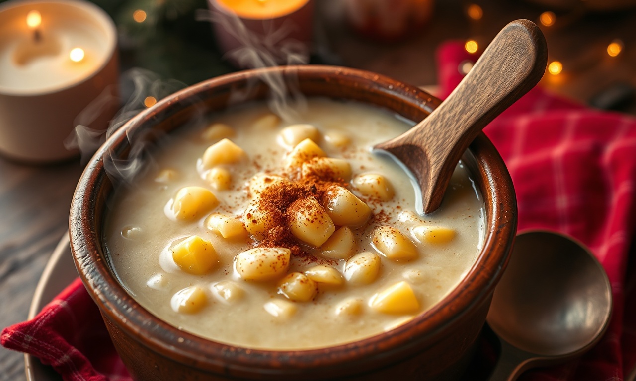 Tigela fumegante de canjica cremosa com grãos macios, caldo encorpado e canela polvilhada, pronta para aquecer a festa junina.