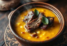 Tigela fumegante de canjiquinha cremosa com costelinha de porco desfiada, servida em panela de barro.