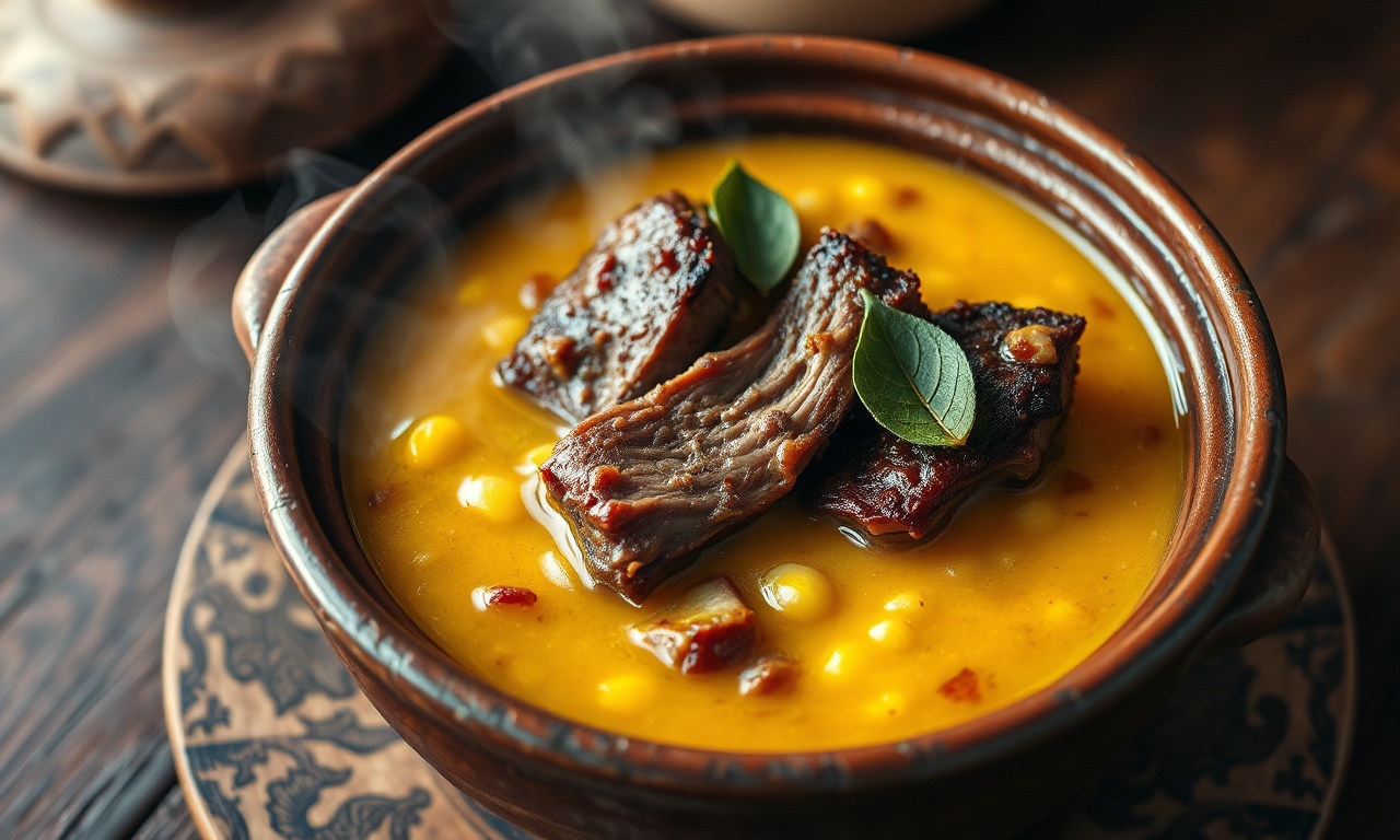 Tigela fumegante de canjiquinha cremosa com costelinha de porco desfiada, servida em panela de barro.