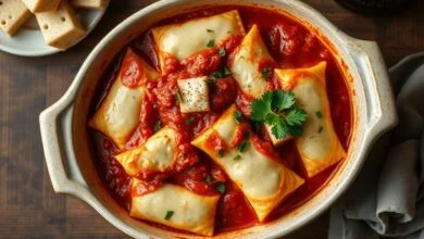 Travessa de capeletti com molho de tomate e cubos de provolone derretidos, finalizado com salsinha.
