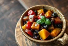 Cubos macios de berinjela e pimentões coloridos em molho agridoce com uvas-passas, pronta para servir.