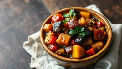 Tigela rústica com cubos dourados de berinjela, tomate, pimentão e alcaparras, coberta por folhas de salsinha fresca.