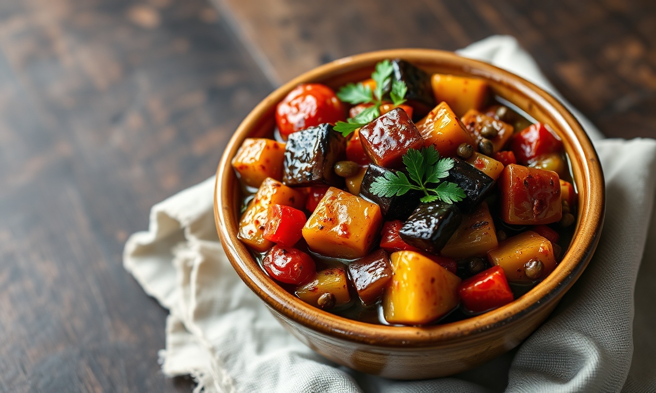 Tigela rústica com cubos dourados de berinjela, tomate, pimentão e alcaparras, coberta por folhas de salsinha fresca.
