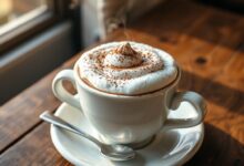 Xícara de cappuccino com espuma densa, polvilhado com canela e chocolate, sobre pires branco em superfície de madeira.
