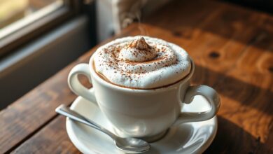 Xícara de cappuccino com espuma densa, polvilhado com canela e chocolate, sobre pires branco em superfície de madeira.