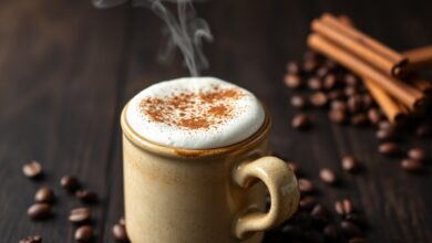 Caneca de cerâmica rústica com cappuccino cremoso, espuma densa e polvilho de canela.
