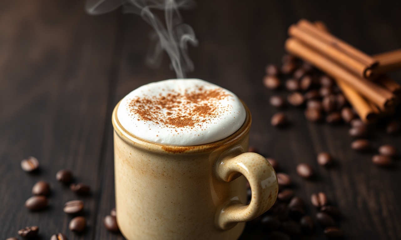 Cappuccino Sem Açúcar Cremoso Em 5 Minutos (Só 3 Ingredientes) 3 Caneca de cerâmica rústica com cappuccino cremoso, espuma densa e polvilho de canela.