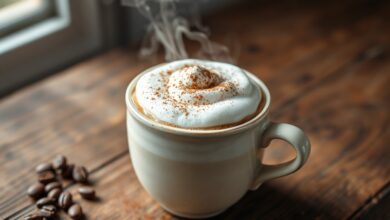 Caneca de cappuccino vegano cremoso, com espuma volumosa polvilhada com canela e grãos de café ao lado.