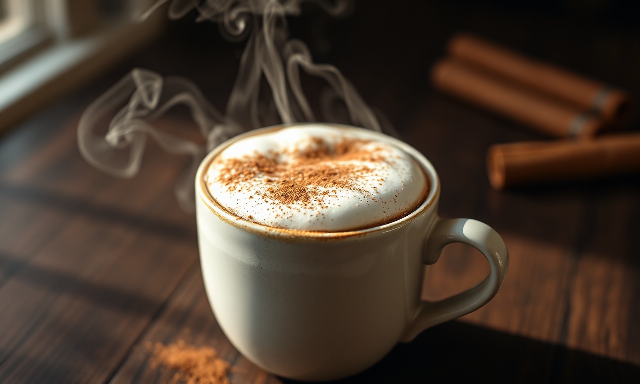 Uma xícara de cappuccino cremoso com espuma densa de leite vegetal, finalizado com um polvilhado de canela.