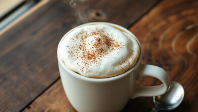Caneca de capuccino com espuma densa e aveludada, polvilhado com canela