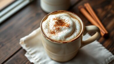 Caneca de capuccino cremoso com espuma densa e polvilhado de canela, sobre fundo de madeira rústica.