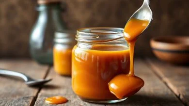 Um pote de vidro transparente repleto de caramelo caseiro de cor âmbar dourada, com textura brilhante e sedosa, pronto para ser usado em sobremesas.