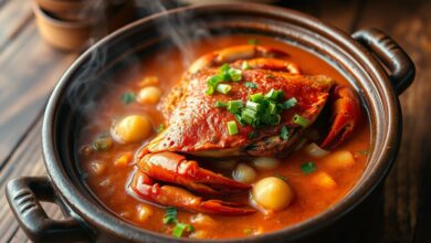 Caranguejos inteiros vermelhos mergulhados em caldo encorpado de tomate e colorau, finalizados com coentro fresco