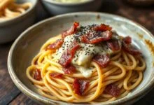 Espaguete envolto em molho cremoso de ovo e pecorino, com tiras de pastrami defumado levemente crocantes e pimenta-do-reino moída na hora.