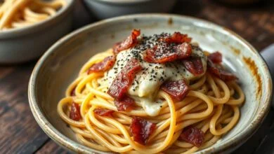 Espaguete envolto em molho cremoso de ovo e pecorino, com tiras de pastrami defumado levemente crocantes e pimenta-do-reino moída na hora.
