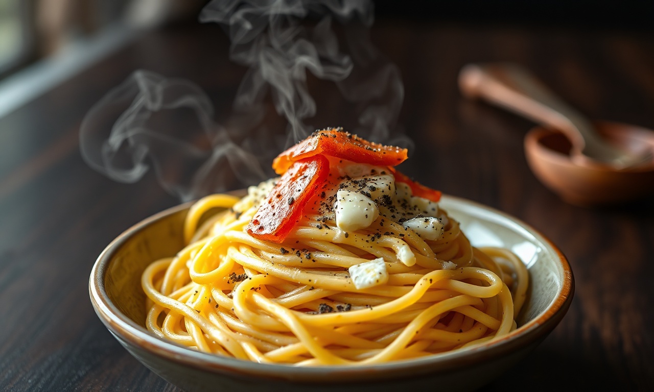 Espaguete al dente envolto em molho cremoso de ovo e pecorino, coberto por tiras douradas e crocantes de mortadela, com pimenta-do-reino moída por cima.