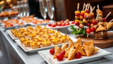 Mesa de buffet completa com travessas de salgados quentes e frios, palitos coloridos e folhados dourados, pronta para servir.