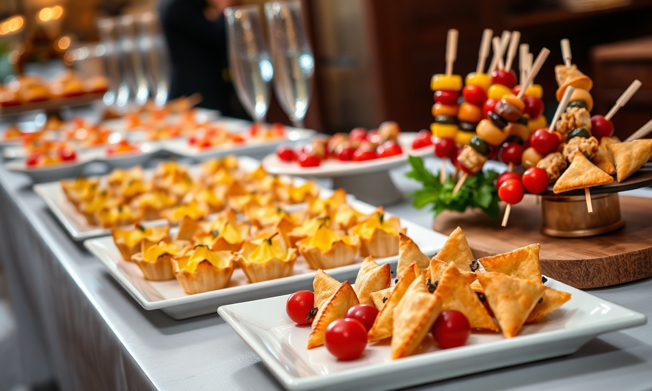 Coquetel Para 50 Pessas: Cardápio Completo E Fácil 3 Mesa de buffet completa com travessas de salgados quentes e frios, palitos coloridos e folhados dourados, pronta para servir.