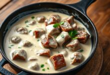 Cubos de carne macia envoltos por um molho branco aveludado e homogêneo, servidos em uma panela de ferro, prontos para o almoço.