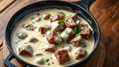 Cubos de carne macia envoltos por um molho branco aveludado e homogêneo, servidos em uma panela de ferro, prontos para o almoço.
