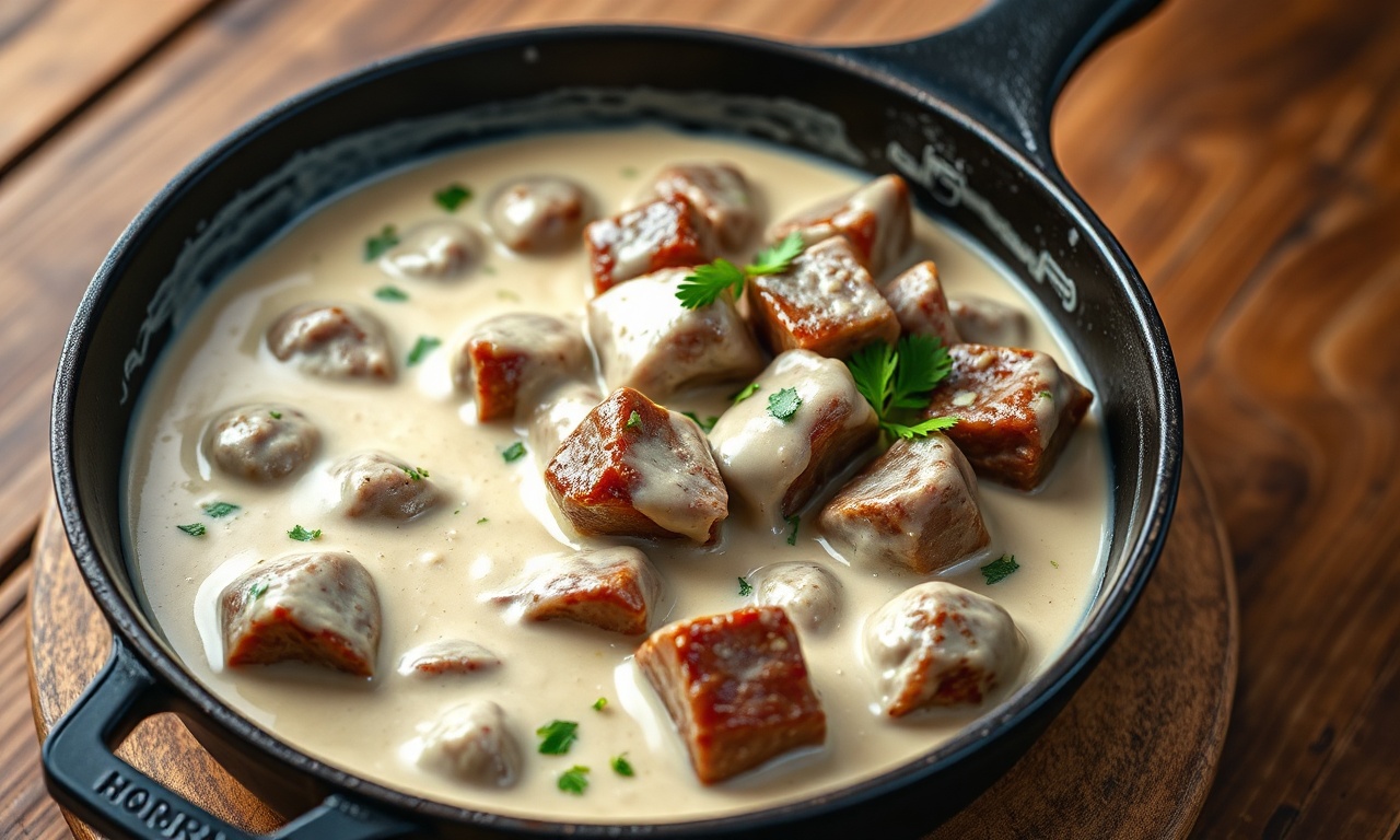 Carne Ao Molho Branco: Fácil E Cremosa Em Apenas 30 Minutos 3 Cubos de carne macia envoltos por um molho branco aveludado e homogêneo, servidos em uma panela de ferro, prontos para o almoço.