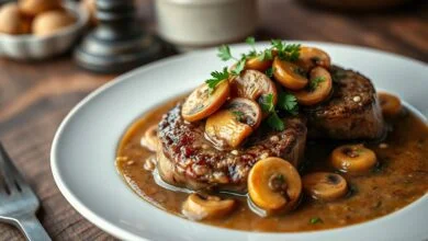 Bifes suculentos cobertos por um molho madeira cremoso e encorpado, com fatias de champignon dourado e salsinha fresca picada.