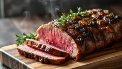 Fatias generosas de carne assada, com uma crosta dourada e caramelizada, revelando um interior rosado e suculento, finalizadas com folhas de tomilho fresco.
