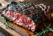 Um belo corte de carne assada, com casca dourada-escura e interior rosado, fatiado e pronto para servir.