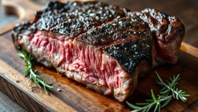 Um belo corte de carne assada, com casca dourada-escura e interior rosado, fatiado e pronto para servir.