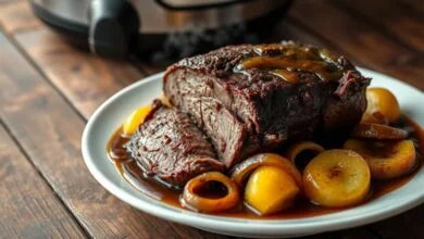 Fatias de carne macia com crosta dourada, acompanhadas de batatas e cebolas caramelizadas em um molho escuro e encorpado.