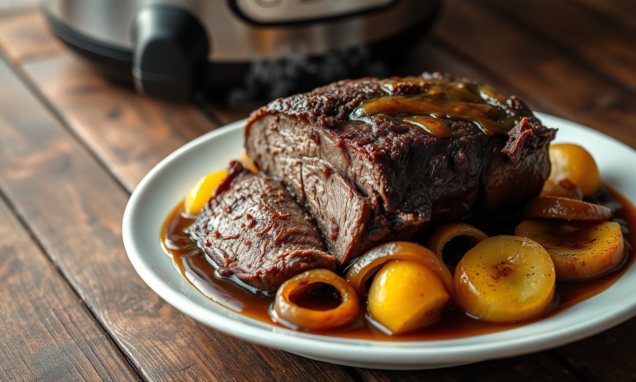Fatias de carne macia com crosta dourada, acompanhadas de batatas e cebolas caramelizadas em um molho escuro e encorpado.