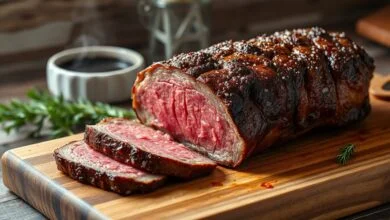 Peça de carne assada com casca dourada e crocante, fatiada sobre tábua de madeira, revelando interior macio e rosado, com grãos de sal grosso e especiarias visíveis.