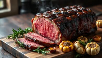 Costela bovina assada, com crosta dourada e interior rosado e suculento, fatiada sobre uma tábua rústica.