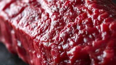 Close-up de uma peça de carne com cristais de gelo e manchas de desidratação
