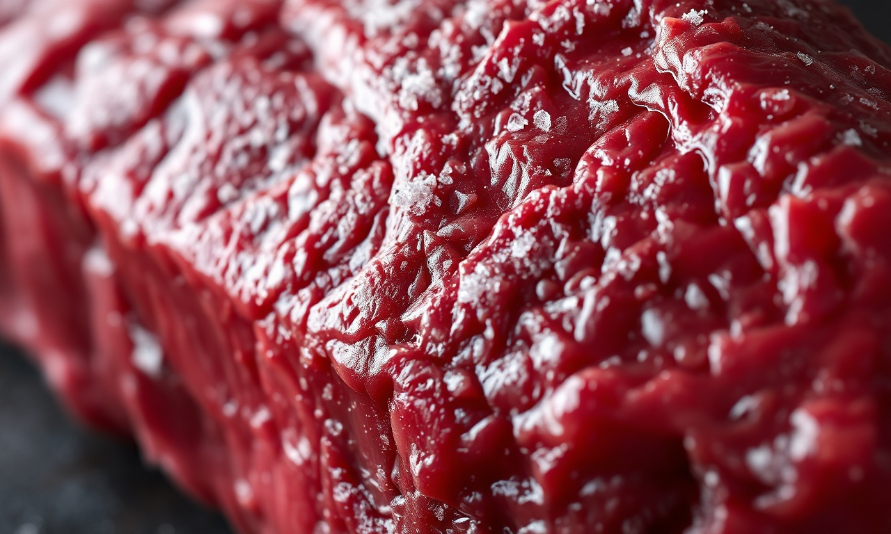 Carne Congelada Por 2 Anos: Riscos E Como Avaliar A Qualidade 3 Close-up de uma peça de carne com cristais de gelo e manchas de desidratação