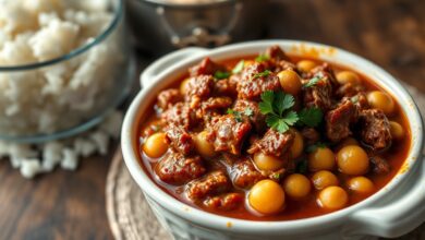 Cubos de carne macia desfeitos em um caldo encorpado e escuro, com grão-de-bico cremoso e salsinha fresca picada por cima.