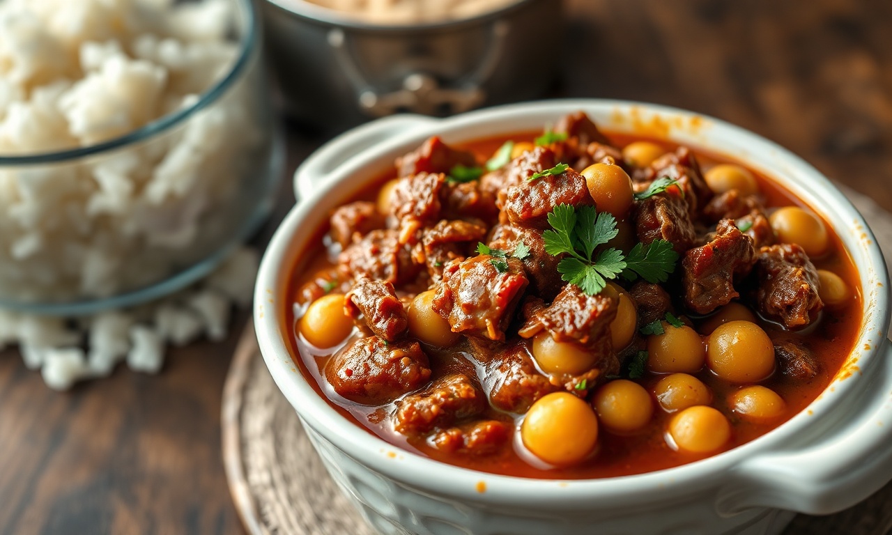 Cubos de carne macia desfeitos em um caldo encorpado e escuro, com grão-de-bico cremoso e salsinha fresca picada por cima.