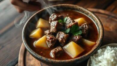 Cubos de carne macia e mandioca cremosa em um caldo encorpado, prato clássico e reconfortante.