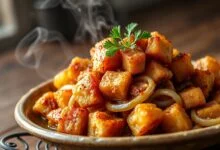 Cubos de charque dourados e crocantes, acompanhados de cebolas refogadas, prontos para serem servidos em um almoço de domingo.
