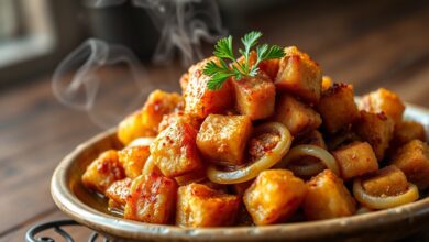 Cubos de charque dourados e crocantes, acompanhados de cebolas refogadas, prontos para serem servidos em um almoço de domingo.