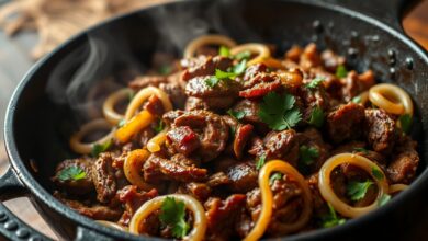 Prato de carne de jabá dourada com cebolas em meia-lua e coentro