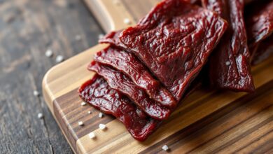 Fatias de carne de jabá com cor avermelhada escura e textura firme, prontas para serem utilizadas em receitas nordestinas.