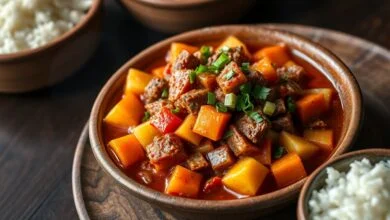 Cubos dourados de carne de jaba com legumes e molho rústico de tomate, servidos em um prato de barro.