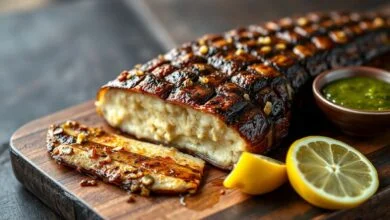 Filé de carne de jacaré dourado e suculento, com lascas de alho caramelizado e fatias de limão, servido em uma tábua de madeira rústica.